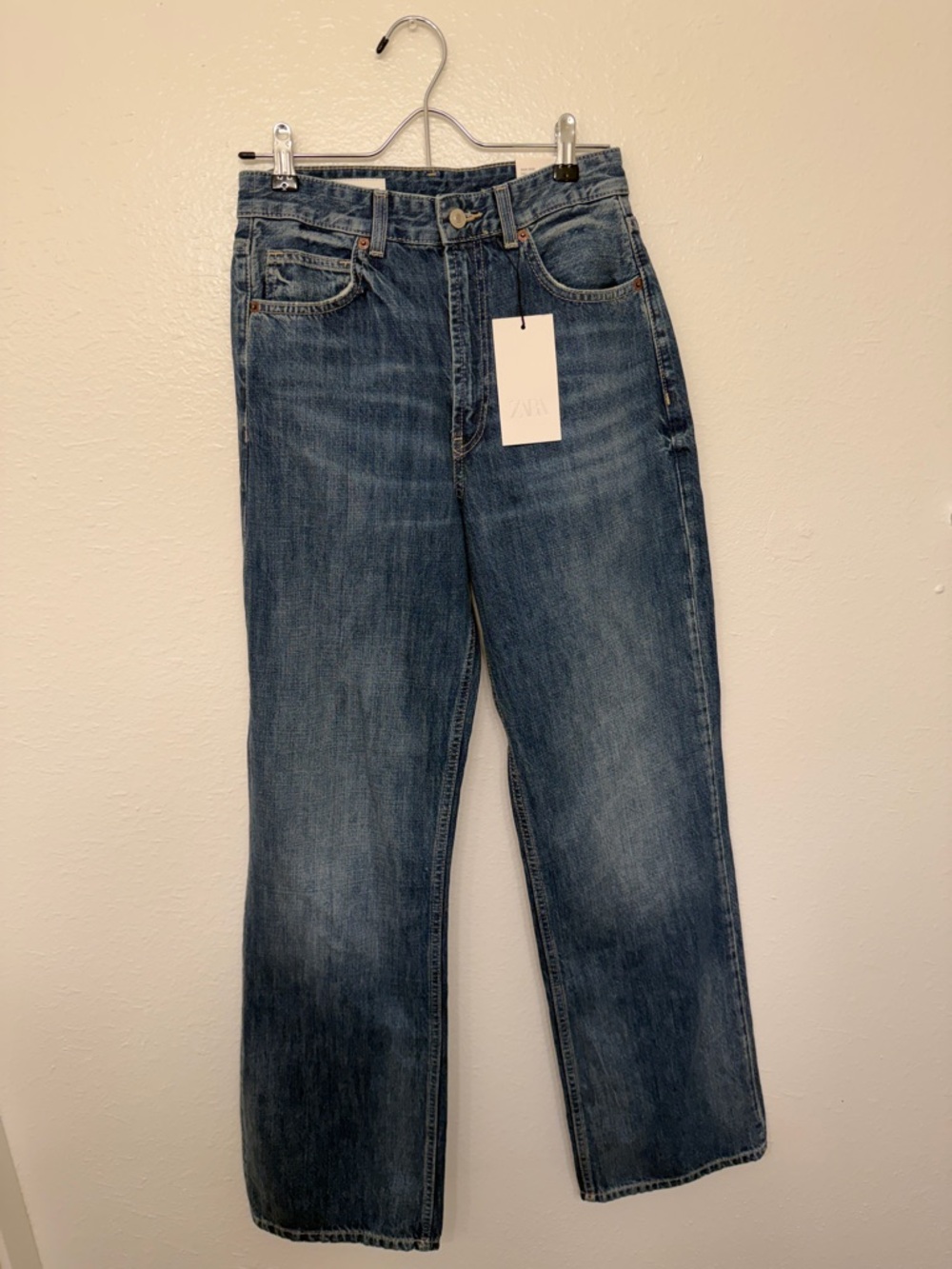 Zara High Rise Straight Leg Jeans in Medium Blue Wash